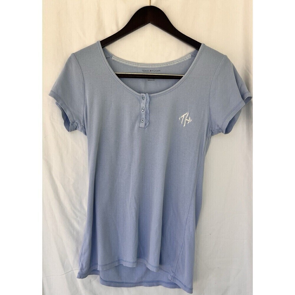 Y2K Tommy Hilfiger Light Blue Henley Shirt Women’s Size Small Lace Trim Logo Tee